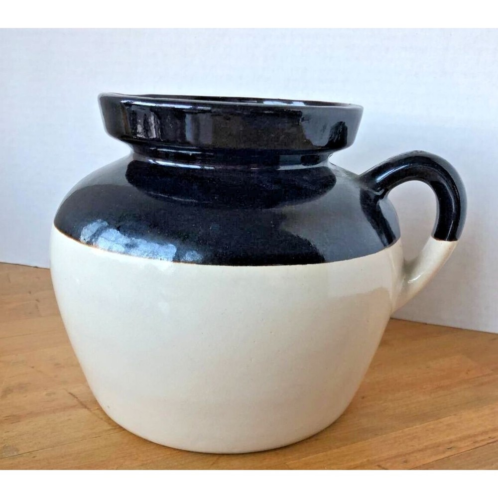 Vintage Bean Pot Brown Cream Stoneware Pottery Crock Jug Heavy  No Lid